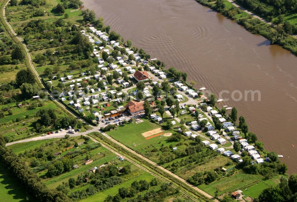Aerial image Volkach - Camping Ankergrund with caravans and tents at the Main river in Volkach in the state , Germany