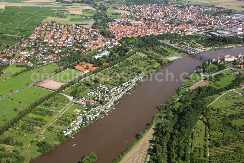 Aerial photograph Volkach - Camping Ankergrund with caravans and tents at the Main river in Volkach in the state , Germany