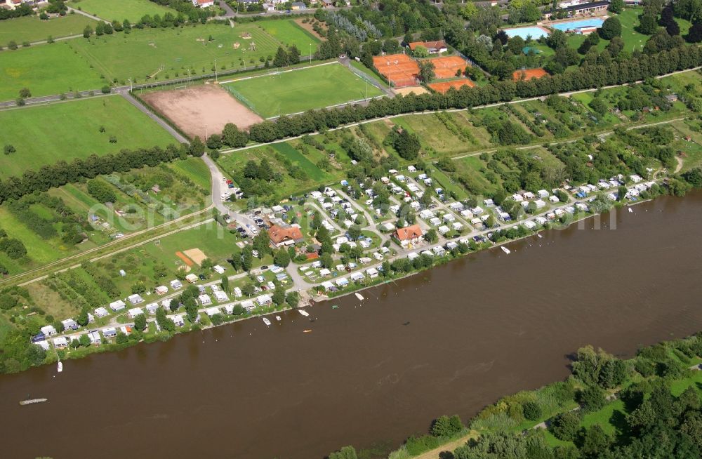Volkach from above - Camping Ankergrund with caravans and tents at the Main river in Volkach in the state , Germany