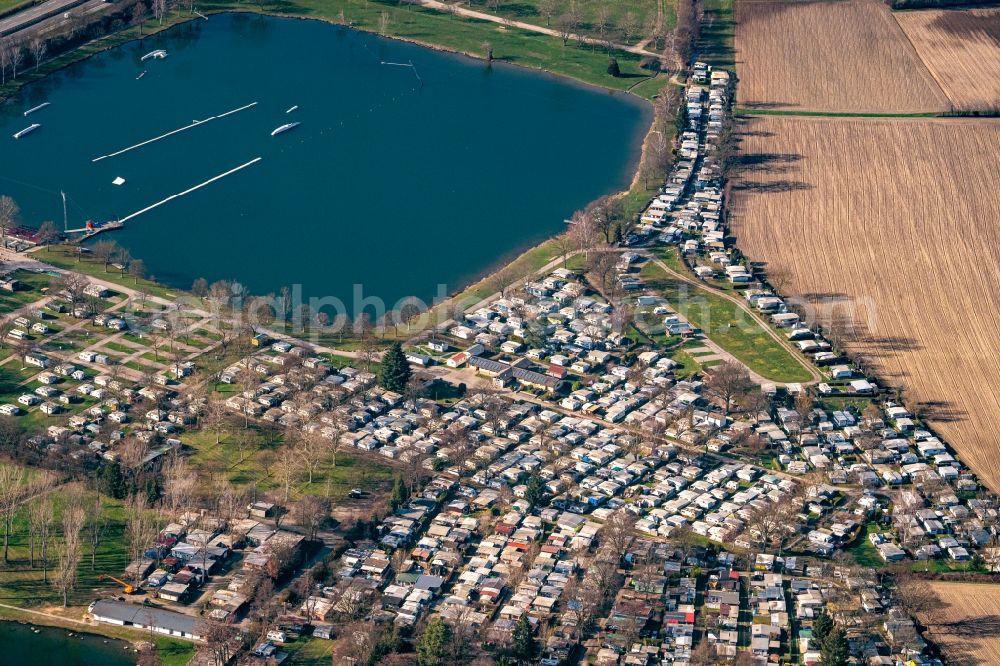 Aerial image Freiburg im Breisgau - Campsite with caravans and tents on the lake shore on Silber and Tunisee in Freiburg im Breisgau in the state Baden-Wuerttemberg, Germany
