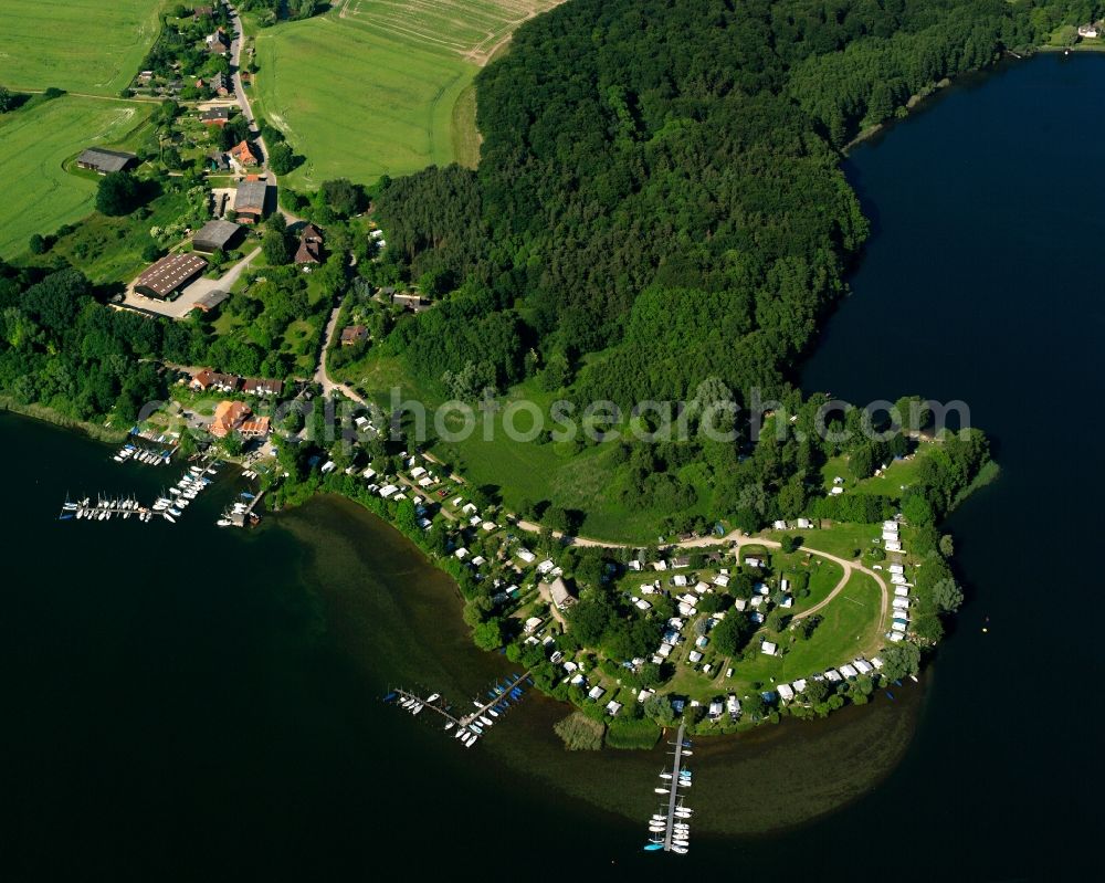 Römnitz from above - Campsite campsite Schwalkenberg with caravans and tents on the lake shore of the Ratzeburger See in Romnitz in the state Schleswig-Holstein, Germany