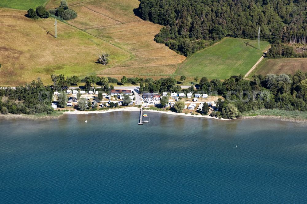 Aerial image Seeon-Seebruck - Campsite Chiemsee Camping Lambach with caravans and tents on the lake shore of Chiemsee in Seeon-Seebruck in the state Bavaria, Germany