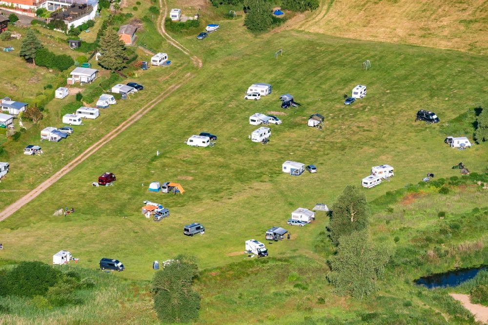 Klein Kühren from above - Campsite with caravans and tents on the banks of the Elbe in Klein Kuehren in the state Lower Saxony, Germany