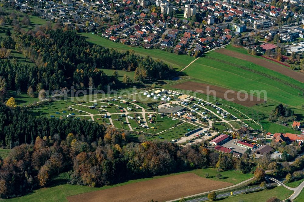 Münsingen from above - Camping with caravans and tents in Muensingen in the state Baden-Wurttemberg, Germany