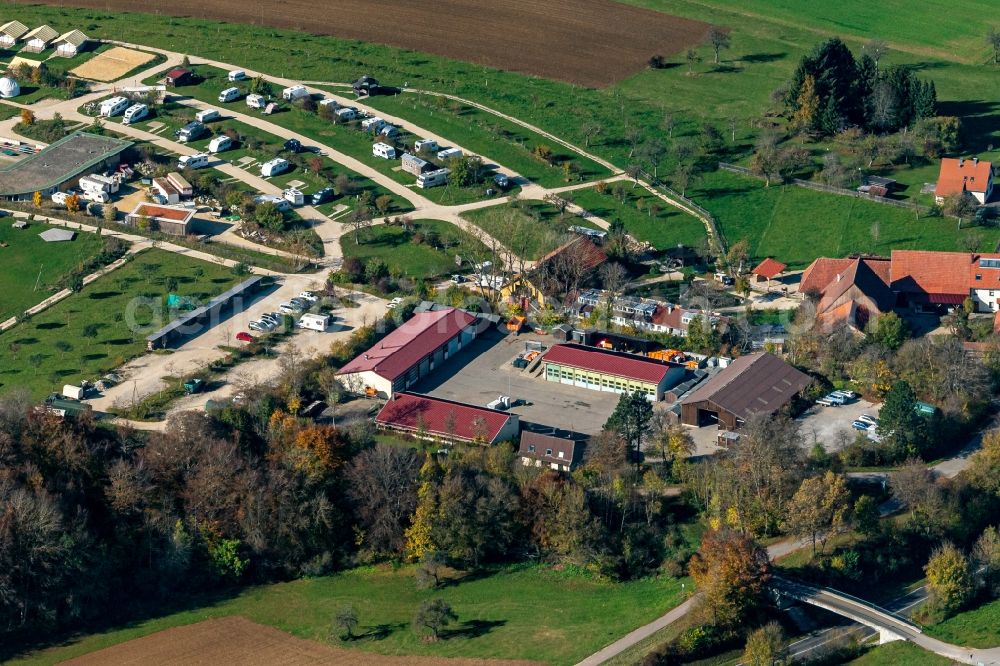 Münsingen from the bird's eye view: Camping with caravans and tents in Muensingen in the state Baden-Wurttemberg, Germany