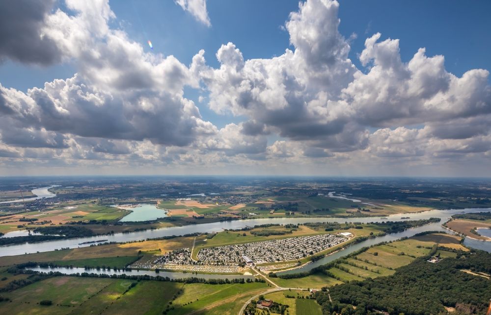 Wesel from above - Camping with caravans and tents on Rhone river in Wesel in the state North Rhine-Westphalia, Germany