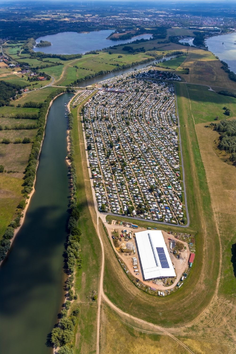 Aerial image Wesel - Camping with caravans and tents on Rhone river in Wesel in the state North Rhine-Westphalia, Germany