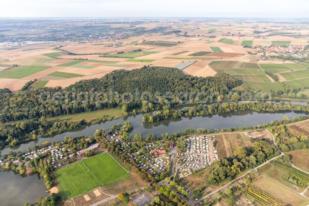 Aerial image Sommerach - Camping Katzenkopf at the Main river with caravans and tents in Sommerach in the state Bavaria, Germany