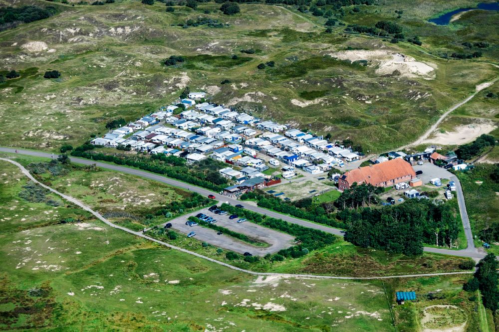Norderney from above - Campsite with caravans and tents in the coastal area Eiland Klaus Harms in Norderney in the state Lower Saxony, Germany