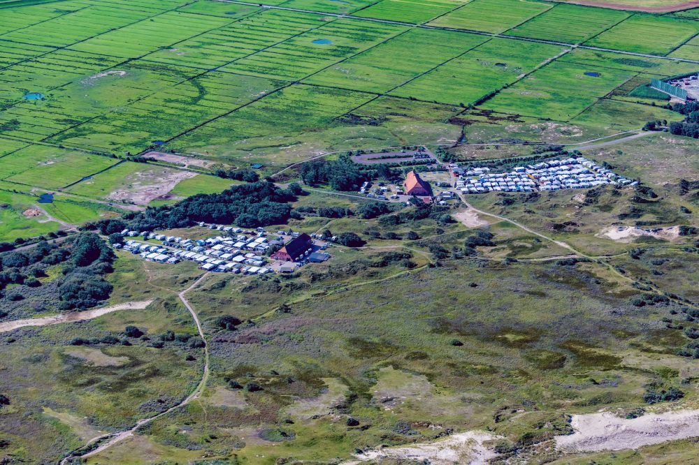 Aerial image Norderney - Campsite with caravans and tents in the coastal area Eiland Klaus Harms in Norderney in the state Lower Saxony, Germany