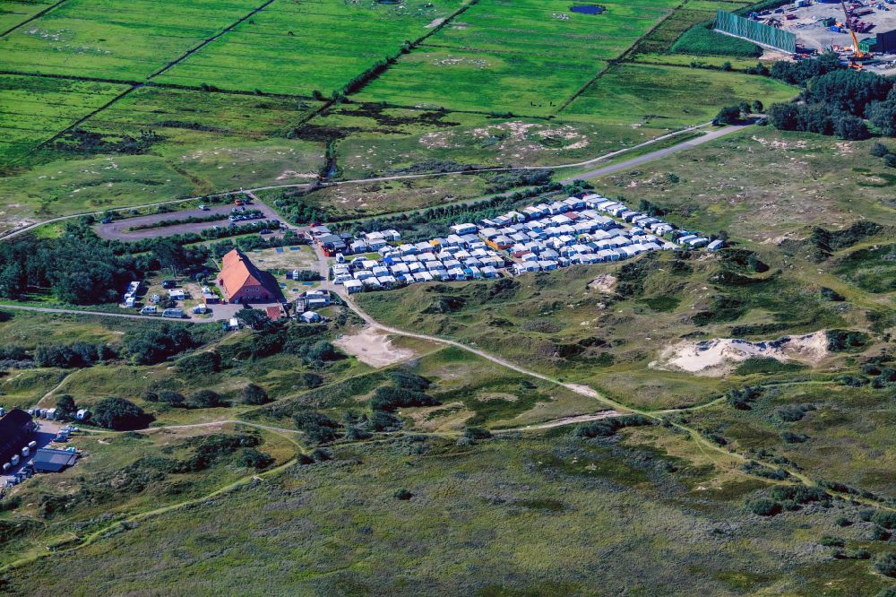 Aerial photograph Norderney - Campsite with caravans and tents in the coastal area Eiland Klaus Harms in Norderney in the state Lower Saxony, Germany