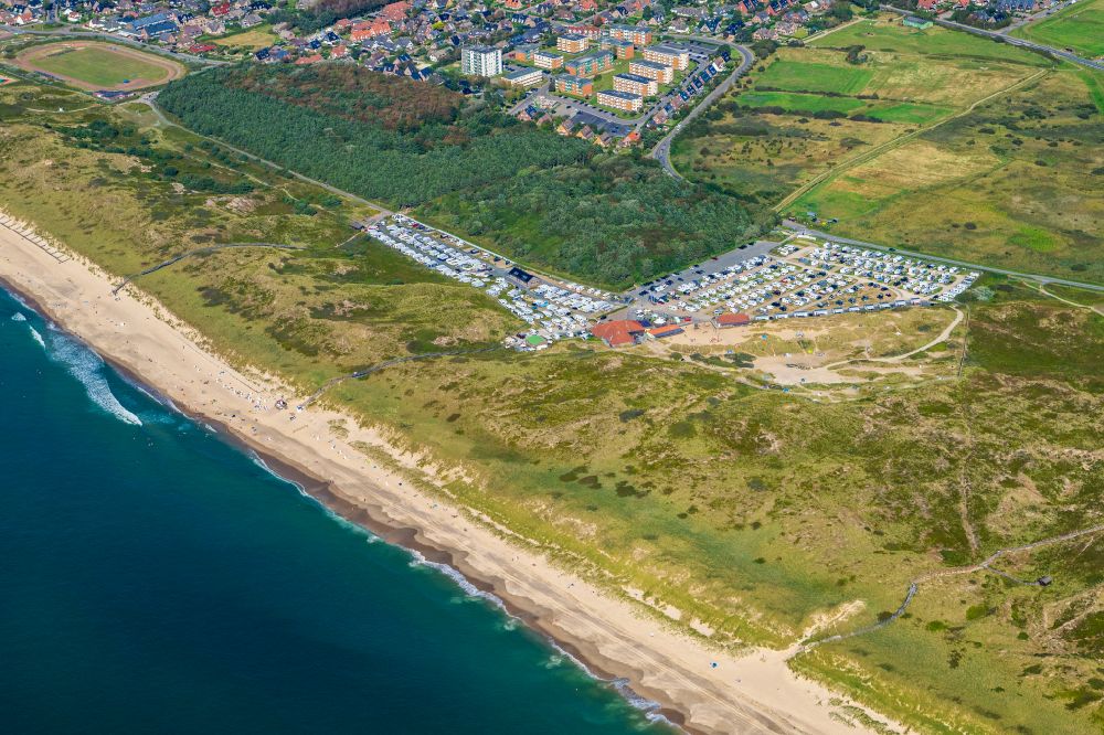 Aerial photograph Sylt - Campsite with caravans and tents in the coastal area of North Sea in the district Westerland in Sylt in the state Schleswig-Holstein, Germany