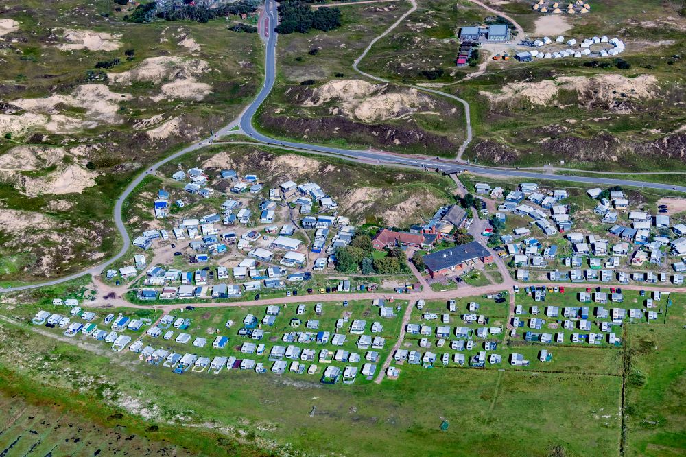 Aerial image Norderney - Campsite with caravans and tents in the coastal area Um Ost in Norderney in the state Lower Saxony, Germany