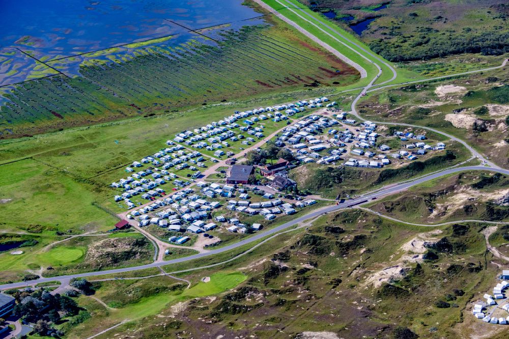 Norderney from above - Campsite with caravans and tents in the coastal area Um Ost in Norderney in the state Lower Saxony, Germany