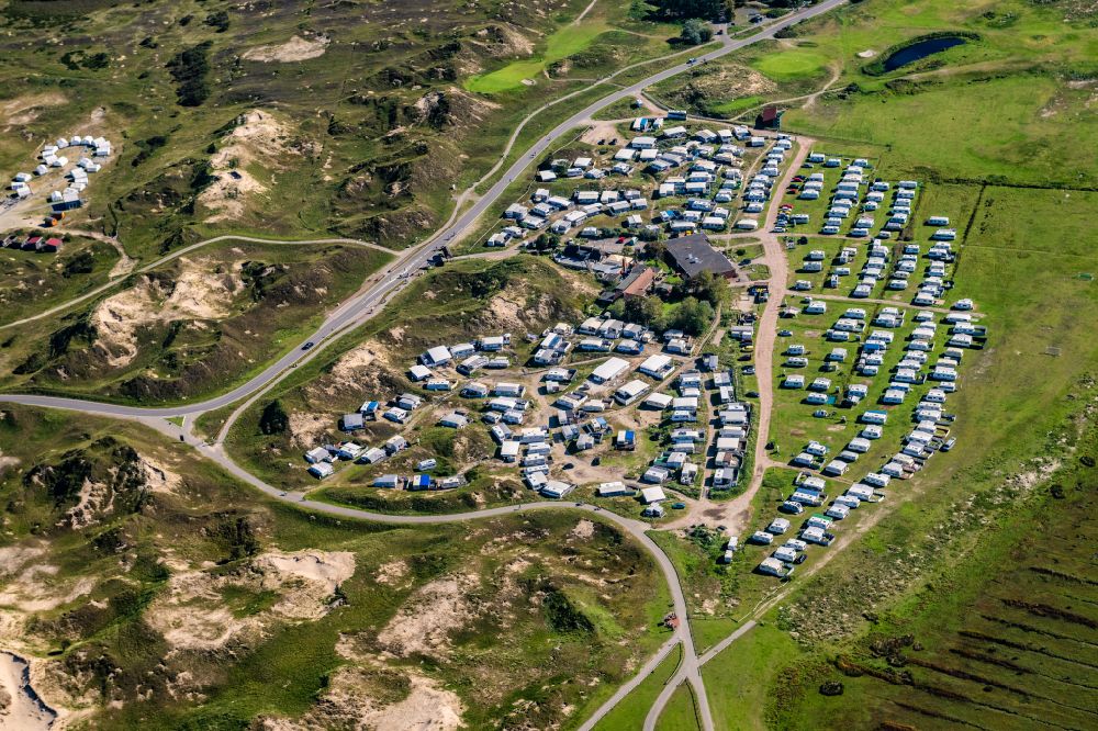 Aerial image Norderney - Campsite with caravans and tents in the coastal area Um Ost in Norderney in the state Lower Saxony, Germany