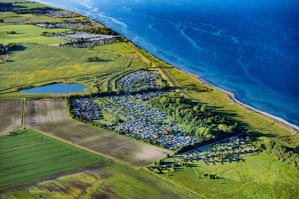 Aerial photograph Süssau - Campsite with caravans and tents in the coastal area of Baltic Sea on street Mobilheimplatz - Campingstrasse in Suessau in the state Schleswig-Holstein, Germany