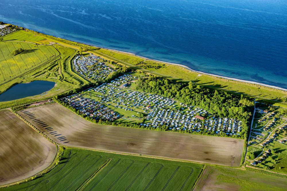 Süssau from above - Campsite with caravans and tents in the coastal area of Baltic Sea on street Mobilheimplatz - Campingstrasse in Suessau in the state Schleswig-Holstein, Germany