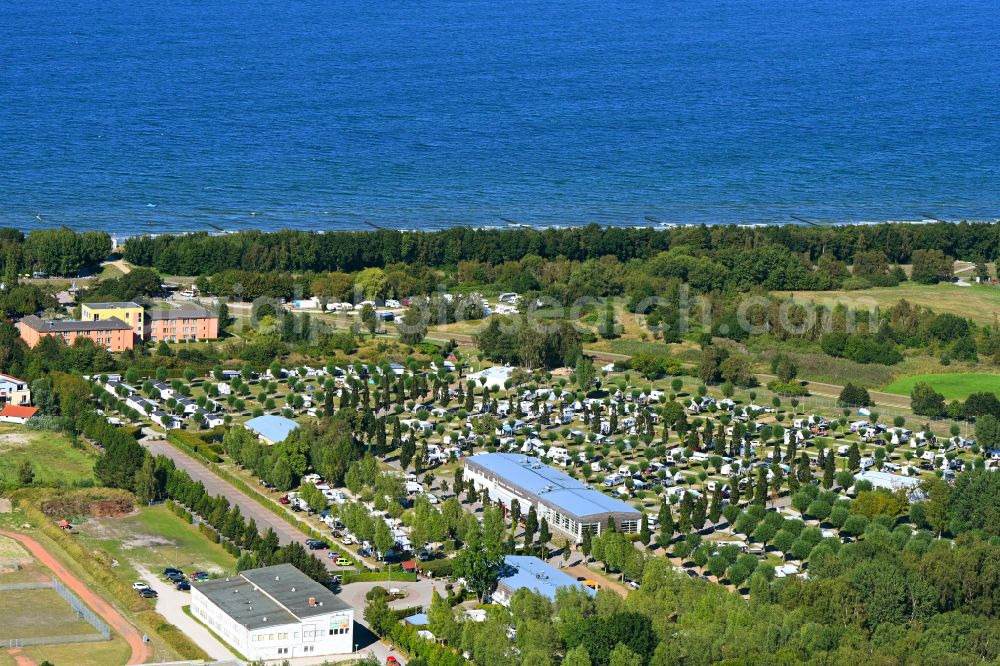 Zingst from above - Campsite with caravans and tents in the coastal area Wellness-Camp Duene 6 in Zingst at the baltic sea coast in the state Mecklenburg - Western Pomerania, Germany