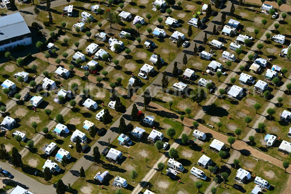 Zingst from above - Campsite with caravans and tents in the coastal area Wellness-Camp Duene 6 on street Inselweg in Zingst at the baltic sea coast in the state Mecklenburg - Western Pomerania, Germany