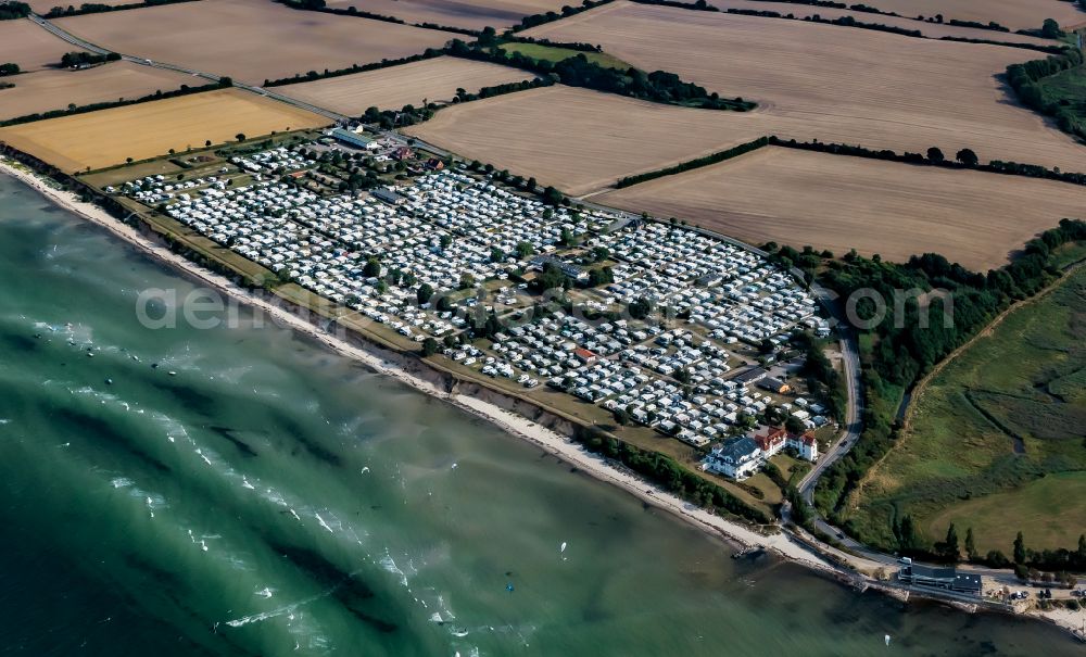 Stein from the bird's eye view: Campsite with caravans and tents in the Baltic Sea coastal area campsite Neustein in Stein in the state Schleswig-Holstein, Germany