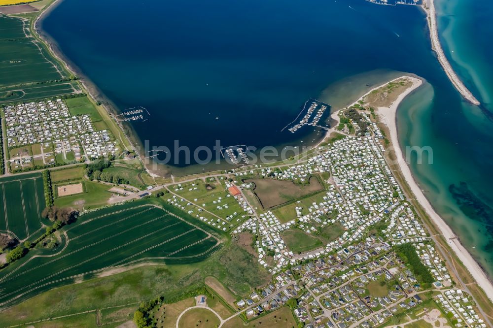 Neukirchen from above - Campsite with caravans and tents at the shores of the Baltic Sea on street Seekamp-Strand in Neukirchen in the state Schleswig-Holstein, Germany