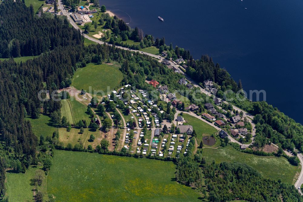 Aerial image Hinterzarten - Campsite with caravans and tents on the lake shore Camping Buehlhof in Hinterzarten in the state Baden-Wuerttemberg, Germany