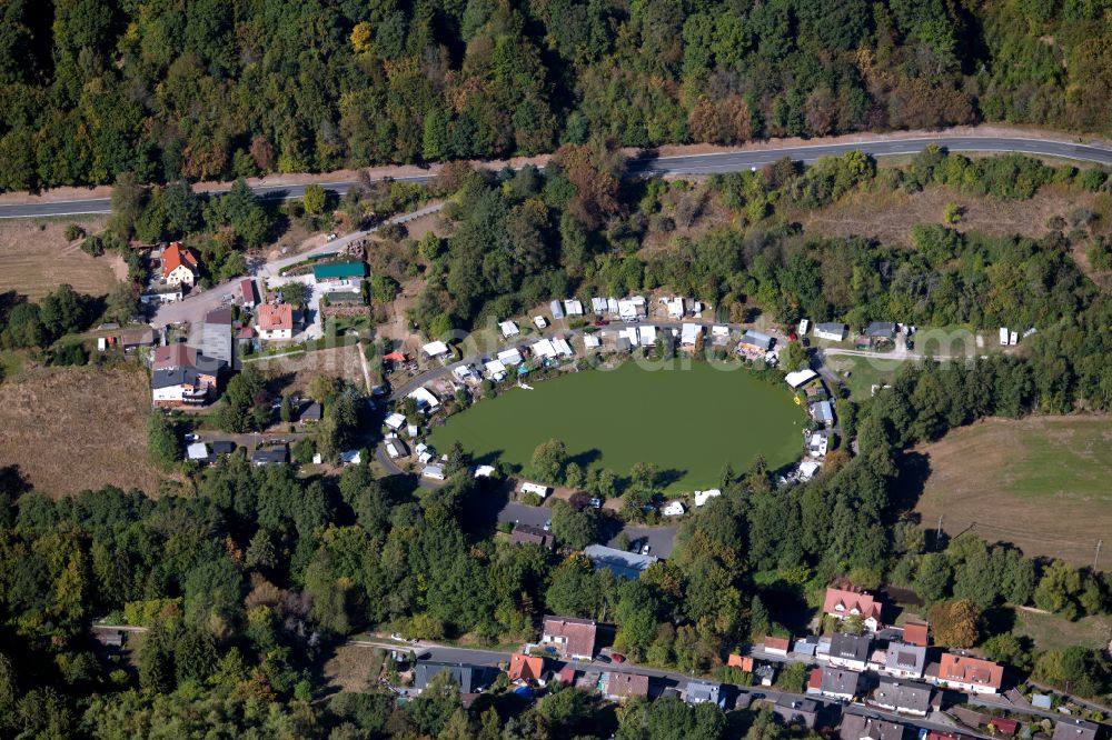 Aerial image Lohr am Main - Campsite with caravans and tents on the lake shore of Campingplatzsee on street Am Forellenhof in Lohr am Main in the state Bavaria, Germany
