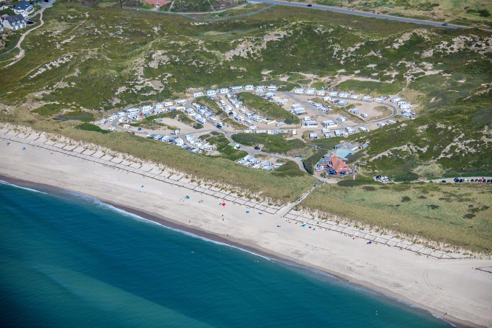 Hörnum (Sylt) from above - Campsite with caravans and tents on the lake shore At the Nordsea in Hoernum (Sylt) in the state Schleswig-Holstein, Germany