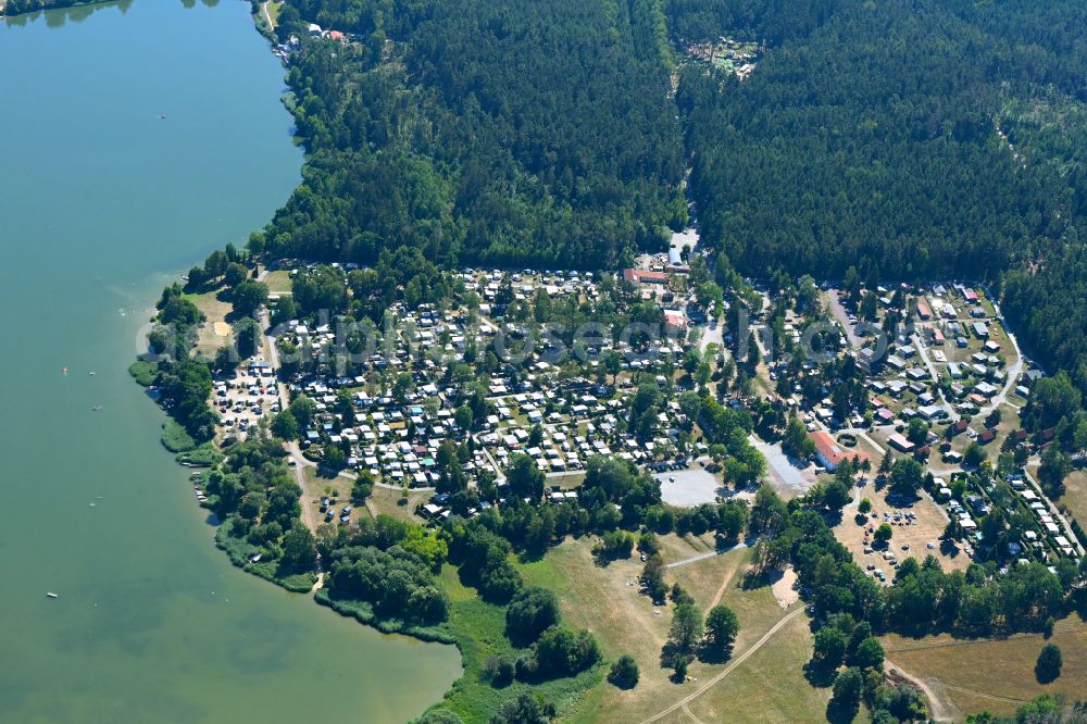 Hohenfelden from above - Campsite with caravans and tents on the lake shore Stausee Hohenfelden in Hohenfelden in the state Thuringia, Germany
