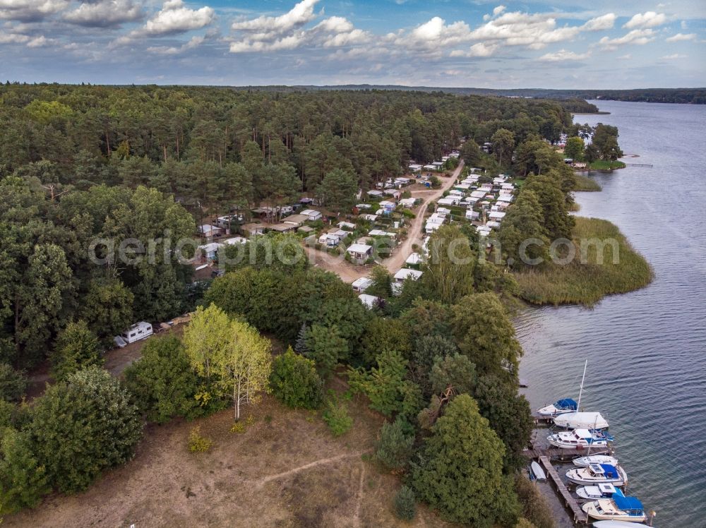 Joachimsthal from the bird's eye view: Campsite with caravans and tents on the lake shore of Werbellinsees in Joachimsthal in the state Brandenburg, Germany