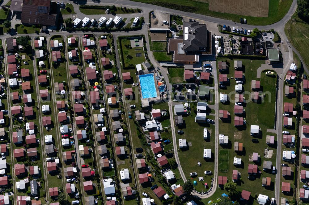 Eschenz from the bird's eye view: Camping with caravans and tents in Eschenz in the canton Thurgau, Switzerland
