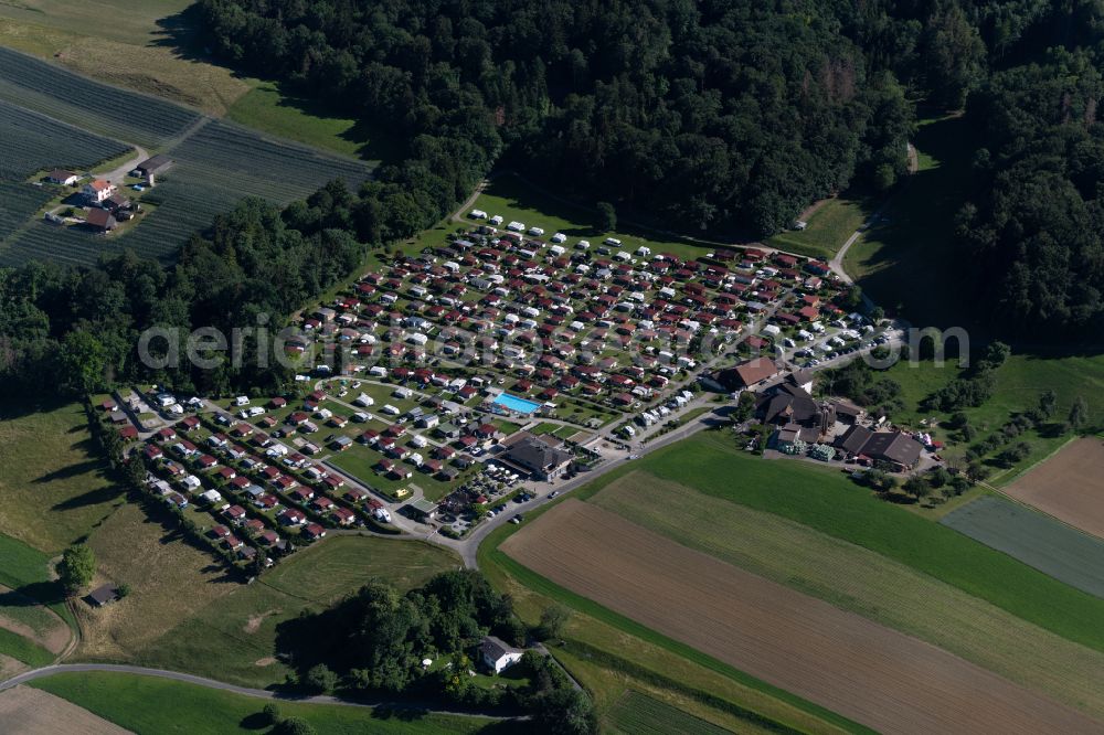 Eschenz from the bird's eye view: Camping with caravans and tents in Eschenz in the canton Thurgau, Switzerland