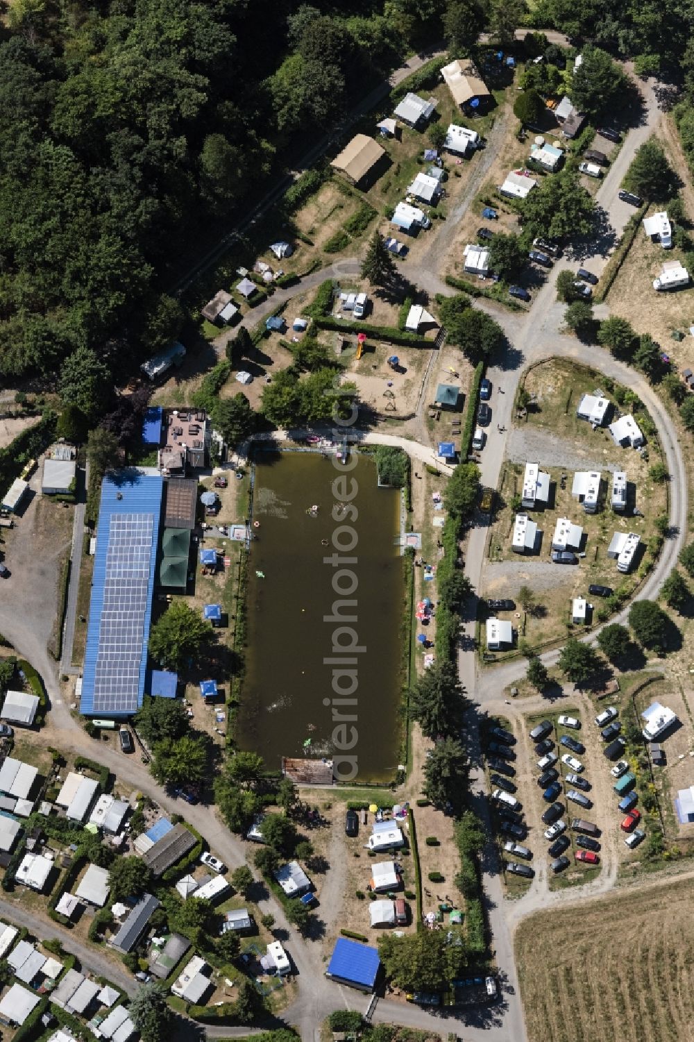 Fischbachtal from the bird's eye view: Camping with caravans and tents in Fischbachtal in the state Hesse, Germany