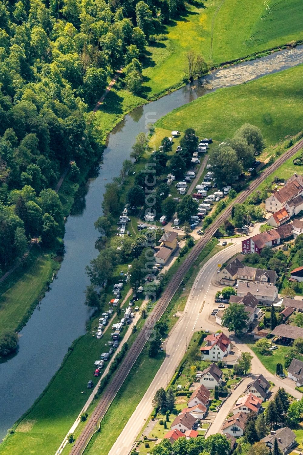 Beuron from above - Camping with caravans and tents in Beuron in the state Baden-Wuerttemberg, Germany