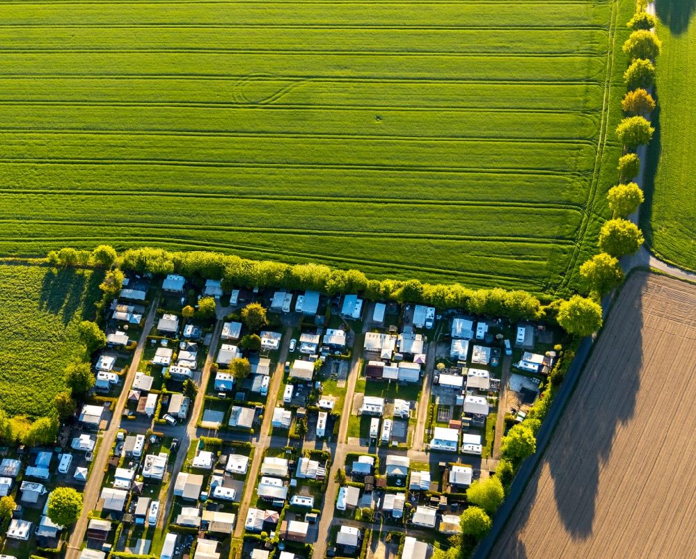 Aerial photograph Münster - Camping with caravans and tents of Campingplatz Muenster overlooking the Freibad Stapelskotten am Laerer Werseufer - Auf der Laer in Muenster in the state North Rhine-Westphalia, Germany