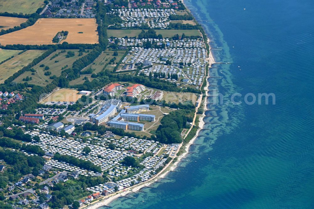 Aerial image Neustadt in Holstein - Camping with caravans and tents on baltic sea coast in Neustadt in Holstein in the state Schleswig-Holstein