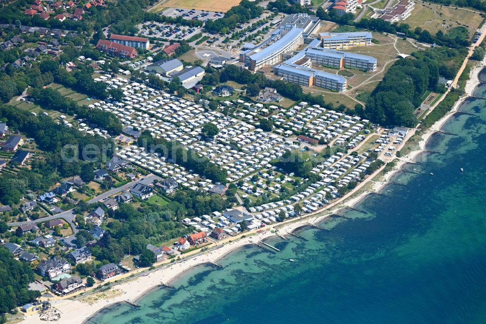 Neustadt in Holstein from the bird's eye view: Camping with caravans and tents on baltic sea coast in Neustadt in Holstein in the state Schleswig-Holstein