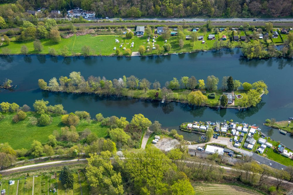 Witten from the bird's eye view: Camping with caravans and tents in the district Bommern on Ruhr river in Witten in the state North Rhine-Westphalia, Germany