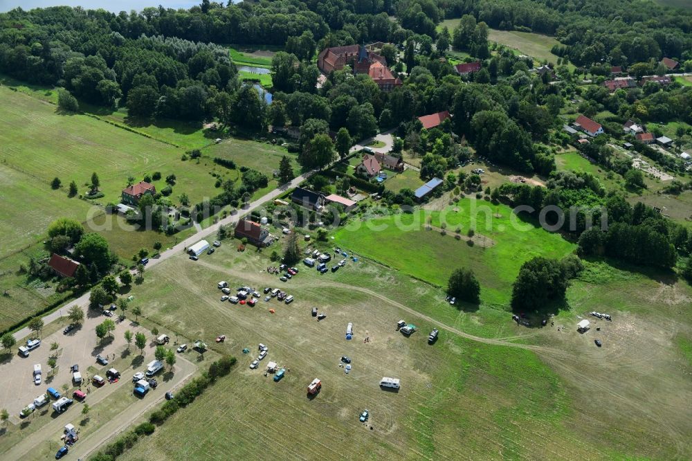 Plattenburg from above - Camping with caravans and tents in the district Kletzke in Plattenburg in the state Brandenburg, Germany
