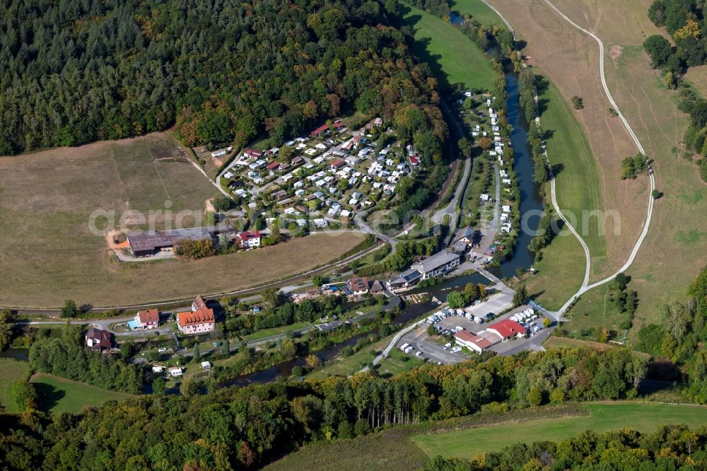 Gräfendorf from the bird's eye view: Camping with caravans and tents in the district Weickersgrueben in Graefendorf in the state Bavaria, Germany