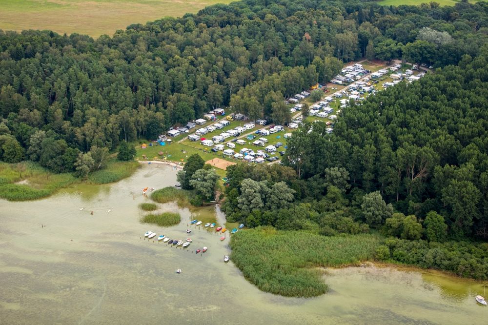 Rechlin from above - Caravan and Camping Zelte- - and campground Boek - C16 offers a surfing and canoeing base and a kite surf route, located on the southeast shore of Lake Mueritz in Rechlin in Mecklenburg-Vorpommern