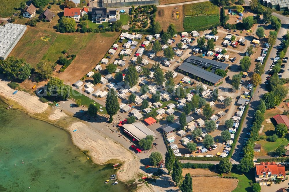 Reichenau from above - Camping with caravans and tents in Reichenau in the state Baden-Wurttemberg, Germany