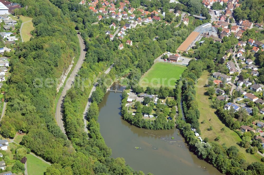 Aerial image Schwäbisch Hall - Camping with caravans and tents on the shores of Lake Steinbacher See and the river Kocher in Schwaebisch Hall in the state of Baden-Wuerttemberg