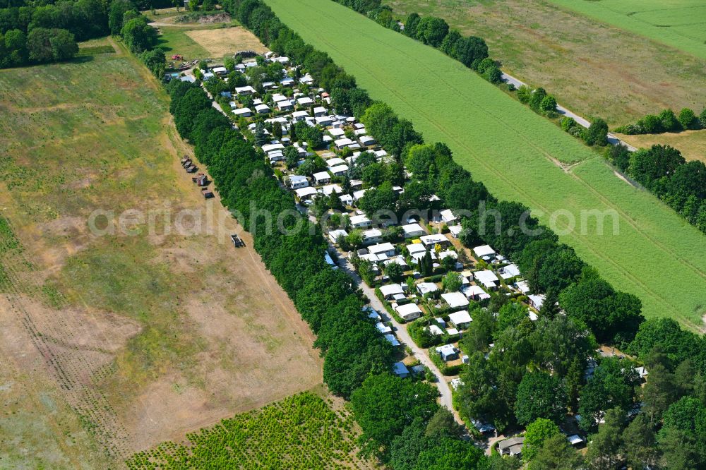 Tiefensee from above - Camping with caravans and tents on street Schmiedeweg in Tiefensee in the state Brandenburg, Germany