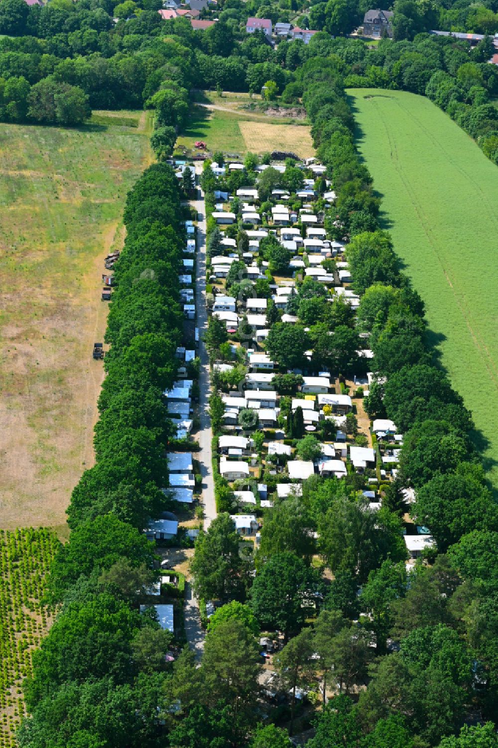 Tiefensee from the bird's eye view: Camping with caravans and tents on street Schmiedeweg in Tiefensee in the state Brandenburg, Germany