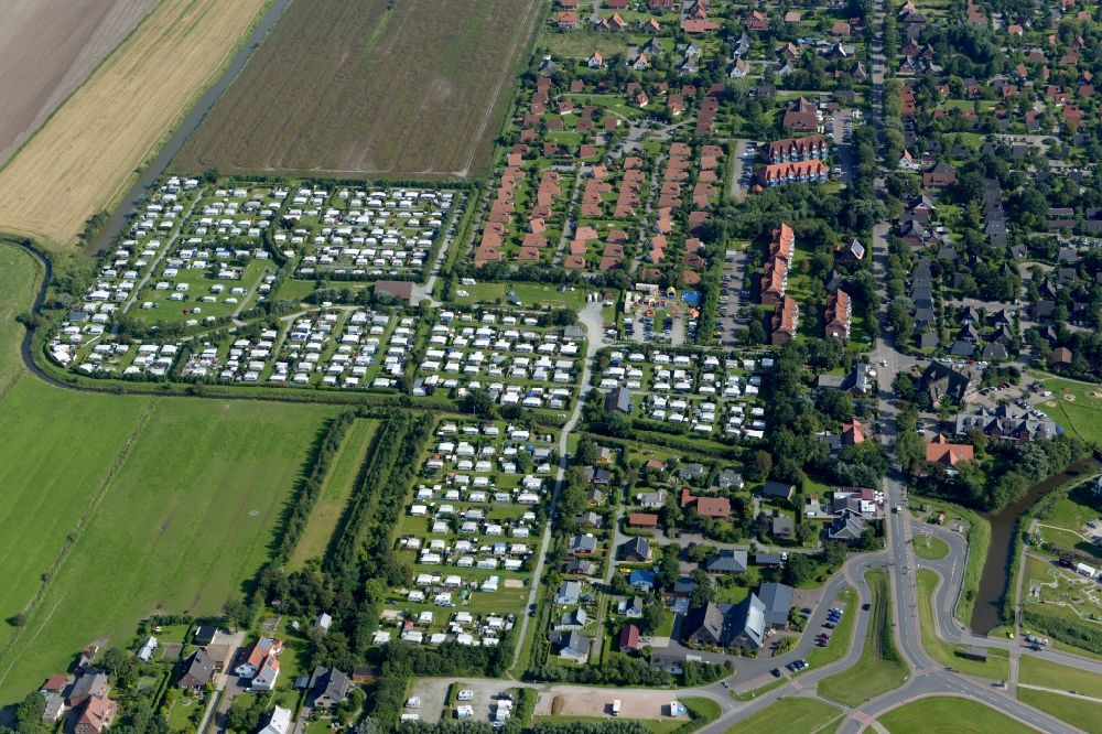 Wurster Nordseeküste from above - Camping with caravans and tents in Wurster north sea coast in the state Lower Saxony