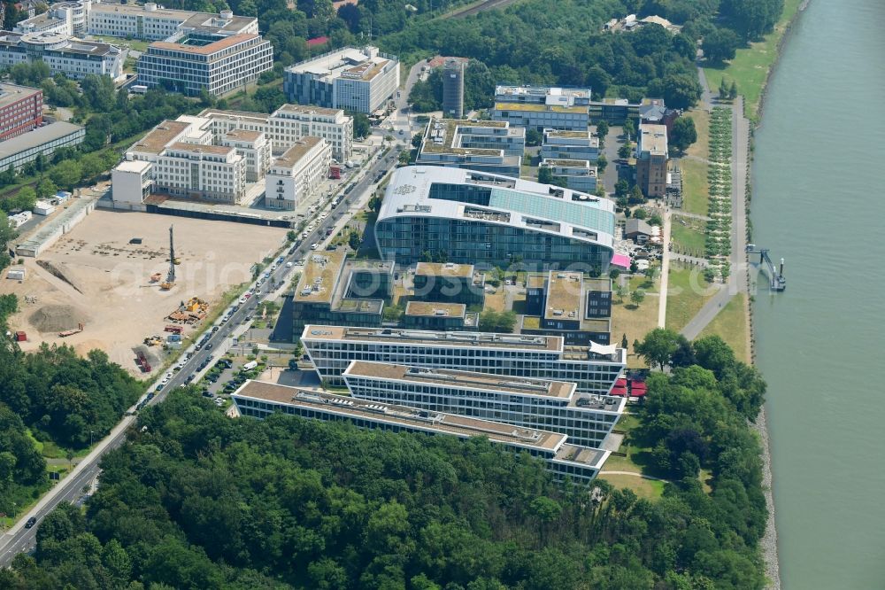 Bonn from above - Campus building of the University of Applied Sciences FOM Hochschule Hochschulzentrum Bonn on Joseph-Schumpeter-Allee in the district Beuel in Bonn in the state North Rhine-Westphalia, Germany