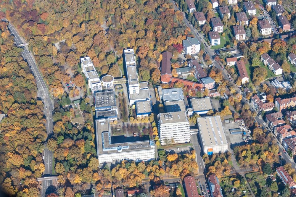 Karlsruhe from above - Campus building of the University of Applied Sciences KIT Conpus Ost on Fasanenweg in the district Oststadt in Karlsruhe in the state Baden-Wuerttemberg, Germany