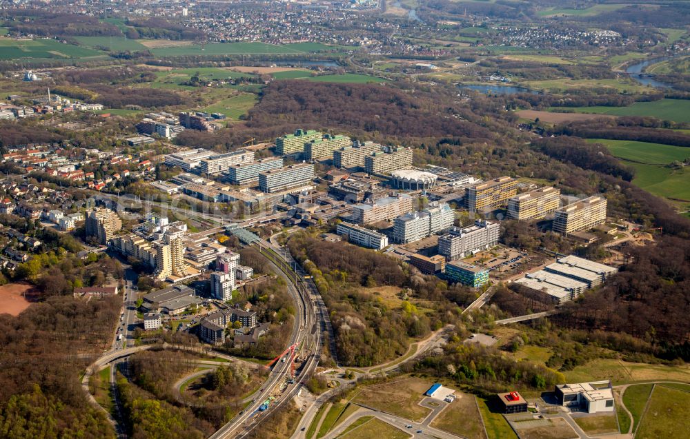Bochum from above - Campus building of the Ruhr-university on street Universitaetsstrasse in Bochum at Ruhrgebiet in the state North Rhine-Westphalia