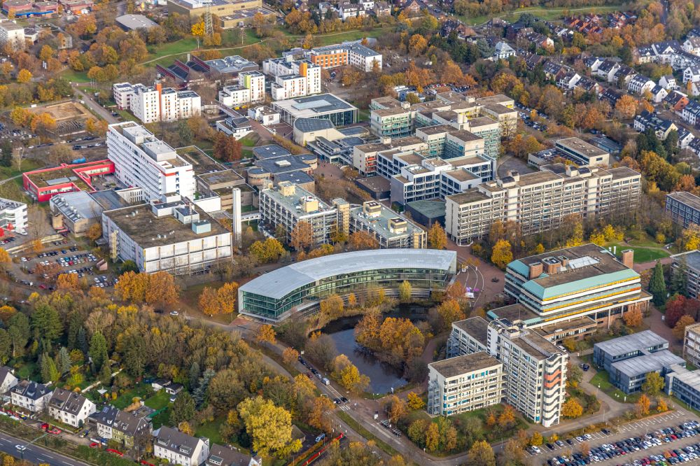 Aerial image Düsseldorf - Campus building of the university Heinrich-Heine-Universitaet Duesseldorf in the district Bilk in Duesseldorf in the state North Rhine-Westphalia, Germany